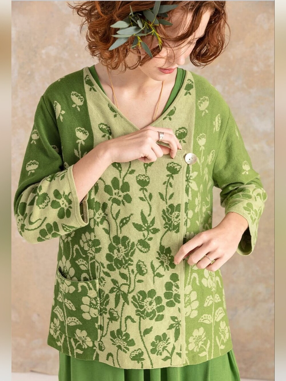 Gudrun Sjoden Crossover Green Floral Knit Sweater Cardigan